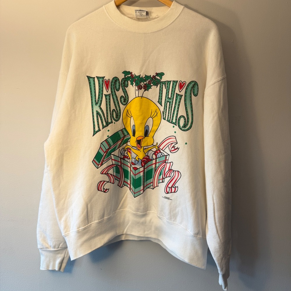 Vintage 1996 Looney Tunes Tweety Bird Kiss This Christmas Sweatshirt XL White